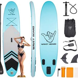 WAVEY BOARD Inflatable 10' Stand Up Paddle Board for Adult Premium SUP Blow up Paddle Board for Youth Kids Fishing (6" Thick) with ISUP Accessories Backpack Bag, Pump, Adjustable Paddle