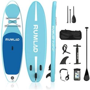 Rumlad Inflatable Stand Up Paddle Board 4 Inches Thick with One-Way Sup Dedicated Pump&Backpack,Adjustable Special Pulp,Simple Foot Rope,Waterproof Cell Phone Bag,Youth & Adult,630c Blue