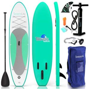 SereneLife Inflatable Stand Up Paddle Board (6 Inches Thick) with Premium SUP Accessories & Carry Bag | Wide Stance, Bottom Fin for Paddling, Surf Control, Non-Slip Deck | Youth & Adult Standing Boat