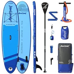 Aquaplanet 10ft Allround Paddle Board - Beginner’s Kit. Air Pump with Pressure Gauge,Adjustable Aluminium Floating Paddle,Repair Kit,Heavy Duty Carry Rucksack & Premium Leash & 4 Kayak Seat Rings