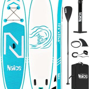 Naice Inflatable Stand Up Paddle Board, 10’6 × 30” × 6”SUP w/Paddle, Detachable Fin, Air Pump w/Gauge, Safety Leash, Backpack for Beginners, Adults, Youth, Touring Fishing Water Yoga All Skill Levels